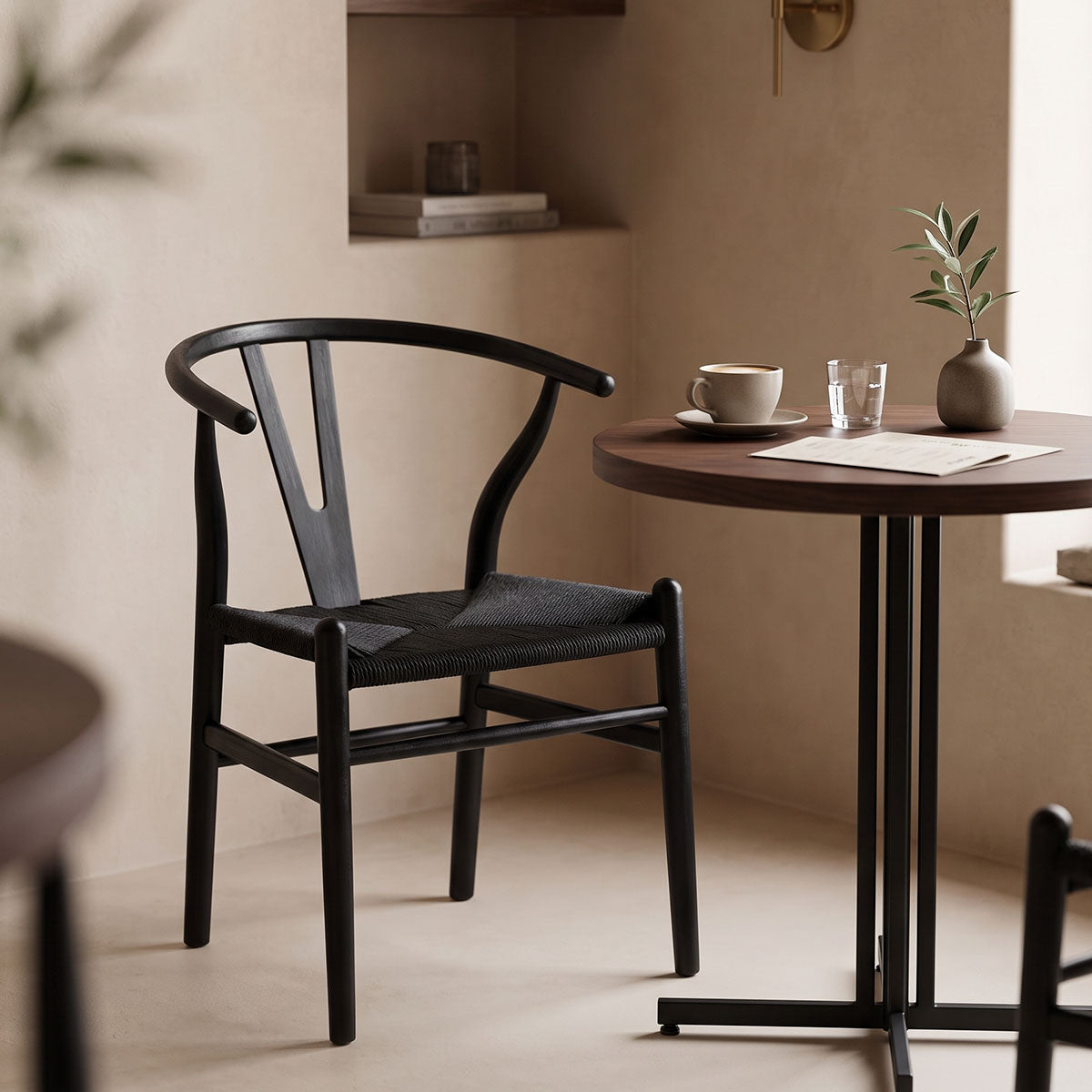 Καρέκλα Wishbone  rubberwood-σχοινί σε μαύρη απόχρωση 53.5x57x74εκ - Pakobazaar