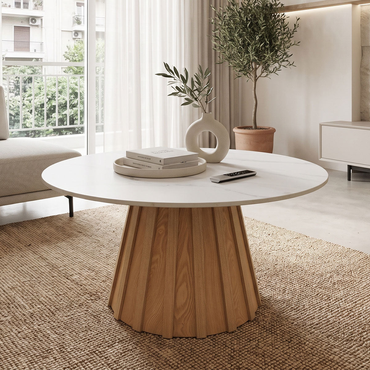 Τραπέζι σαλονιού Franzel  sintered stone σε όψη μαρμάρου-mdf σε φυσική απόχρωση Φ80x40εκ - Pakobazaar