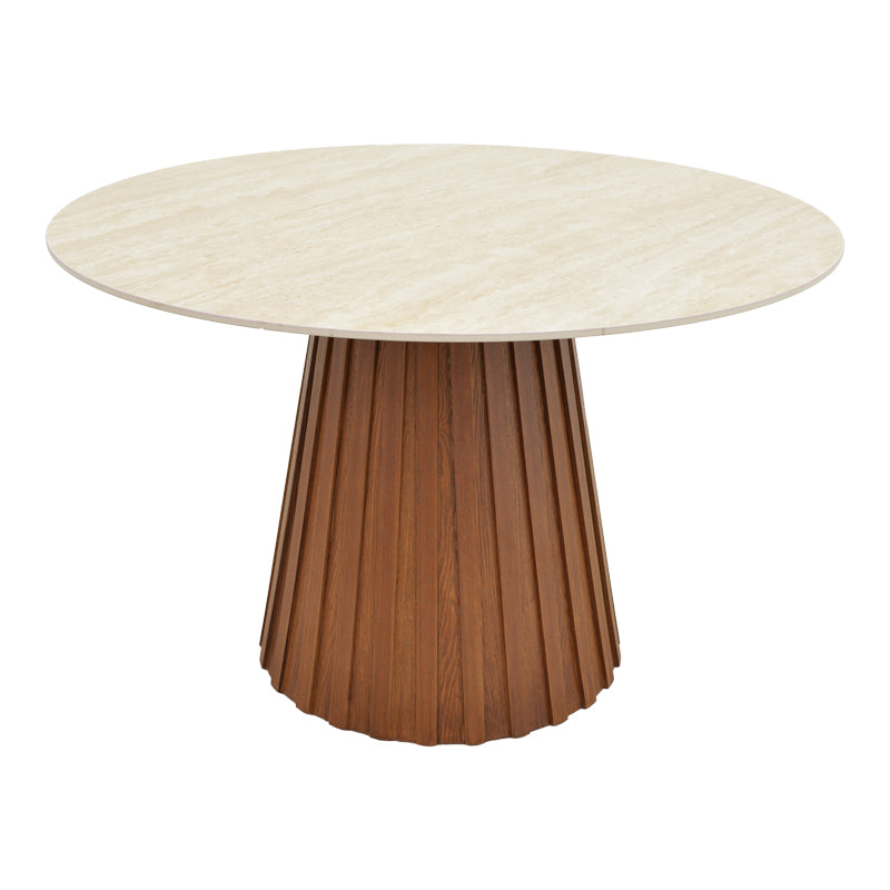 Τραπέζι Franzel  sintered stone σε όψη τραβερτίνας-mdf καρυδί Φ120x75εκ - Pakobazaar
