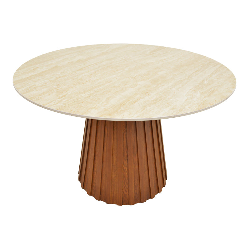 Τραπέζι Franzel  sintered stone σε όψη τραβερτίνας-mdf καρυδί Φ120x75εκ - Pakobazaar