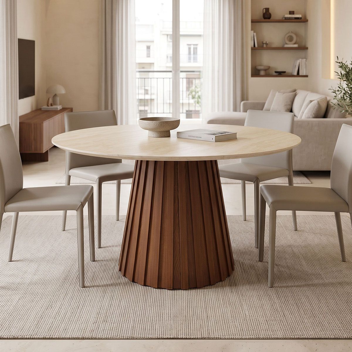 Τραπέζι Franzel  sintered stone σε όψη τραβερτίνας-mdf καρυδί Φ120x75εκ - Pakobazaar
