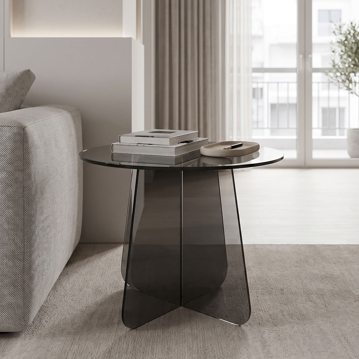 Τραπέζι βοηθητικό Cleary  tempered 8mm γυαλί ανθρακί Φ50x45εκ - Pakobazaar