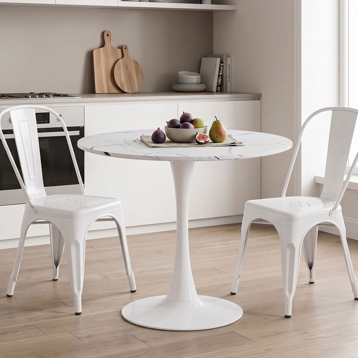 Tραπέζι Balou  sintered stone σε λευκή απόχρωση με όψη μαρμάρου-βάση λευκό μέταλλο Φ90x73εκ - Pakobazaar