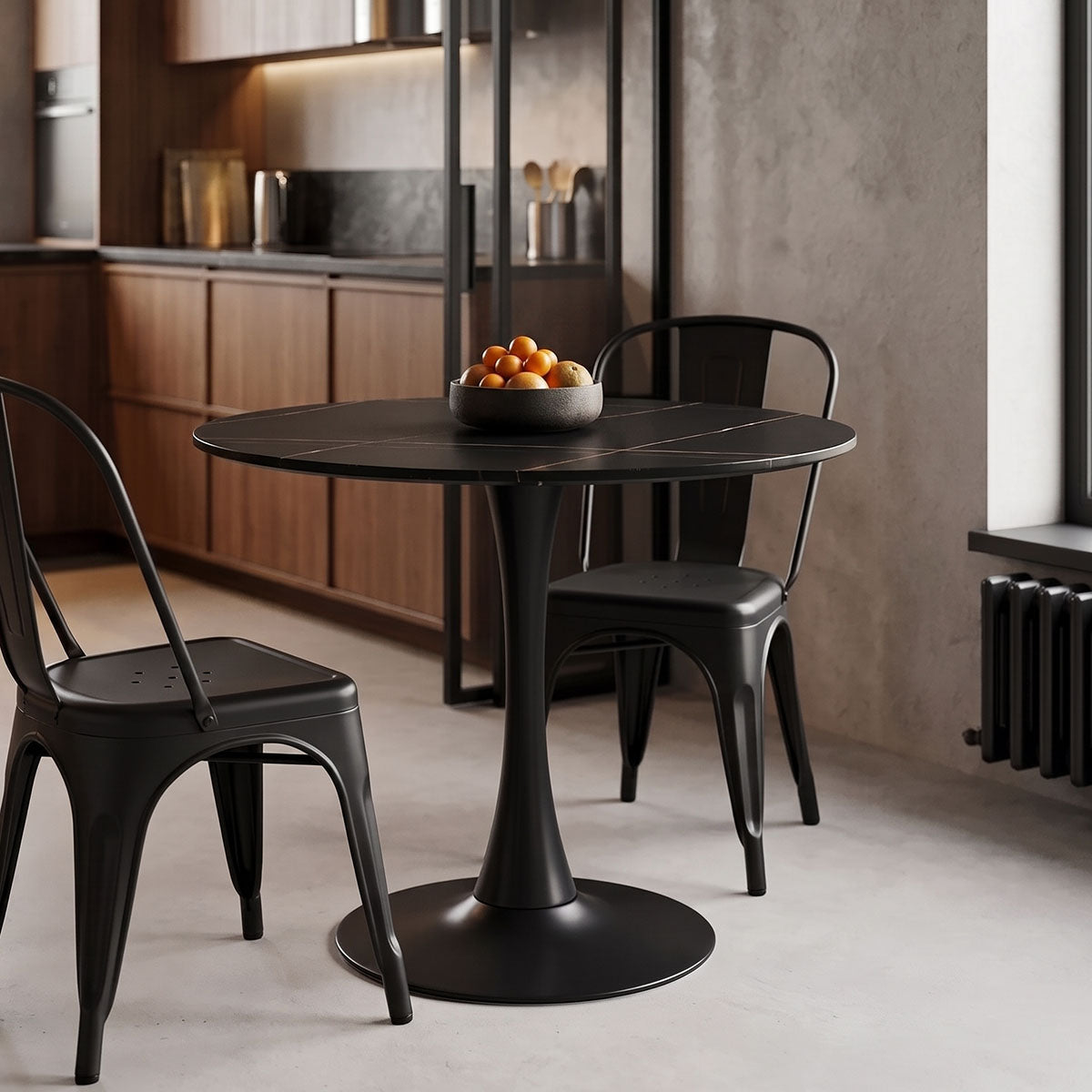 Tραπέζι Balou  sintered stone σε μαύρη απόχρωση με όψη μαρμάρου-βάση μαύρο μέταλλο Φ90x73εκ - Pakobazaar