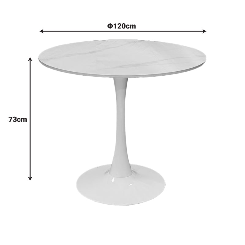 Tραπέζι Balou  sintered stone σε λευκή απόχρωση με όψη μαρμάρου-βάση λευκό μέταλλο Φ120x73εκ