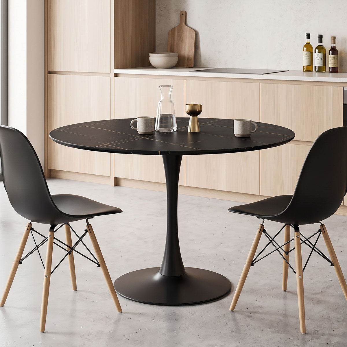 Tραπέζι Balou  sintered stone σε μαύρη απόχρωση με όψη μαρμάρου-βάση μαύρο μέταλλο Φ120x73εκ - Pakobazaar