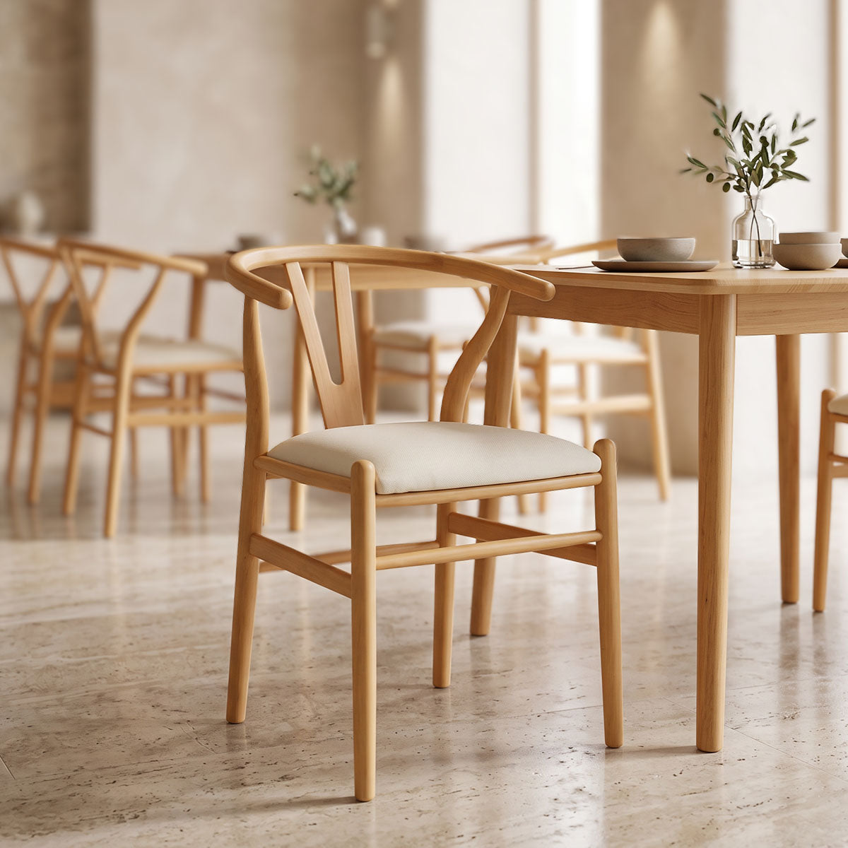 Καρέκλα Wishbone  rubberwood-ύφασμα σε φυσική-μπεζ απόχρωση 51x58x73εκ - Pakobazaar