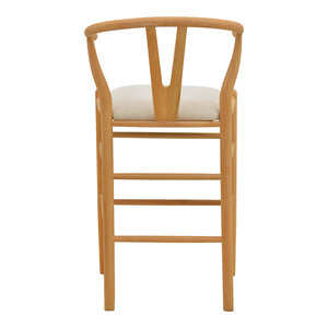 Σκαμπό μπαρ Wishbone  μεσαίου ύψους rubberwood-ύφασμα σε φυσική-μπεζ απόχρωση 51x60x95εκ - Pakobazaar