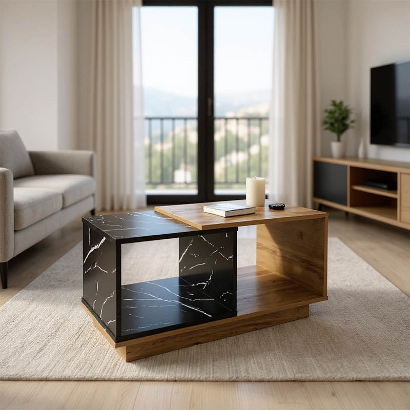 Τραπέζι σαλονιού Fetix  σε μαύρο μαρμάρου-sonoma απόχρωση 90x45x45εκ - Pakobazaar