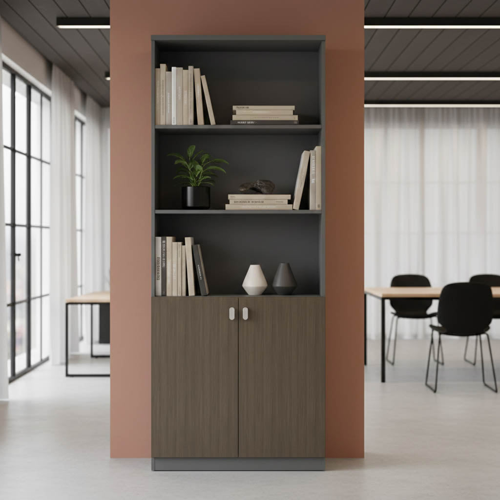 Βιβλιοθήκη γραφείου επαγγελματική Denith  ανθρακί-καρυδί 80x40x200εκ - Image 1