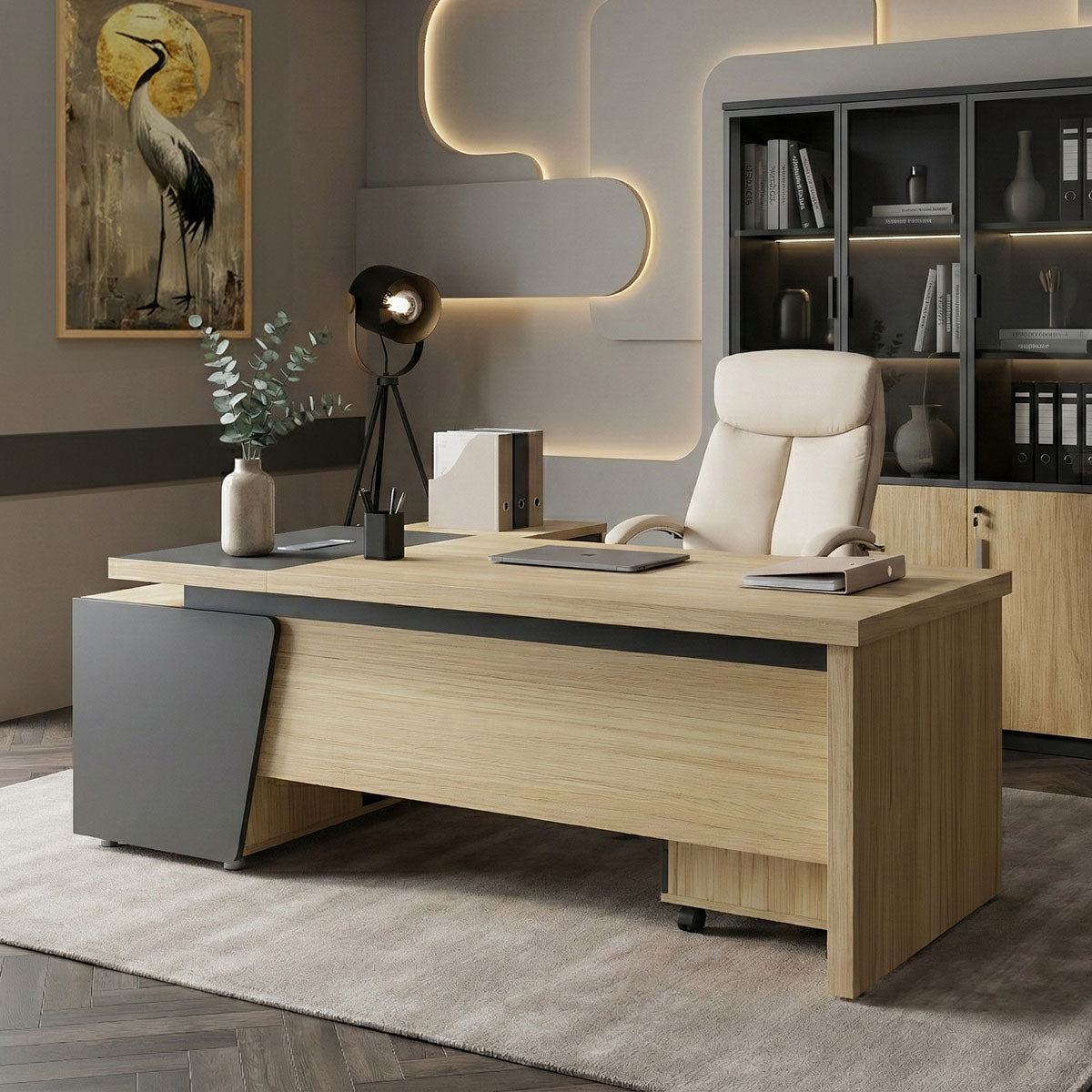 Γραφείο επαγγελματικό Lotus  με δεξιά γωνία σε φυσική-ανθρακί απόχρωση 160x160x75εκ - Pakobazaar