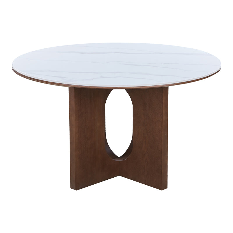 Τραπέζι Merge  sintered stone-mdf σε λευκό μαρμάρου με καρυδί βάση Φ130x75εκ - Pakobazaar