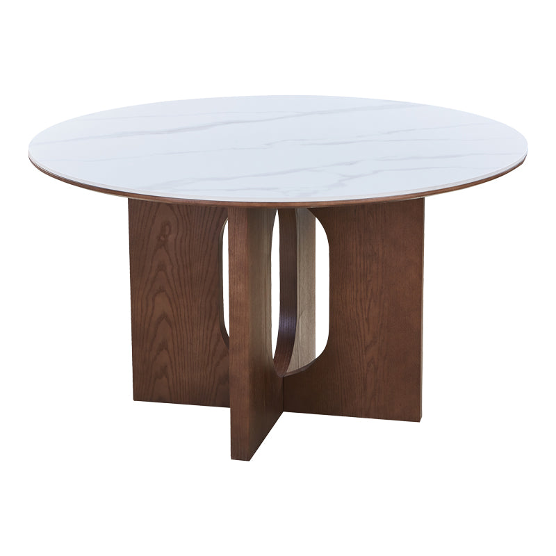 Τραπέζι Merge  sintered stone-mdf σε λευκό μαρμάρου με καρυδί βάση Φ130x75εκ - Pakobazaar