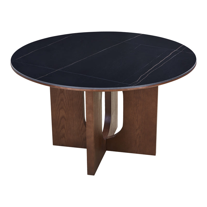 Τραπέζι Merge  sintered stone-mdf σε μαύρο μαρμάρου με καρυδί βάση Φ130x75εκ - Pakobazaar