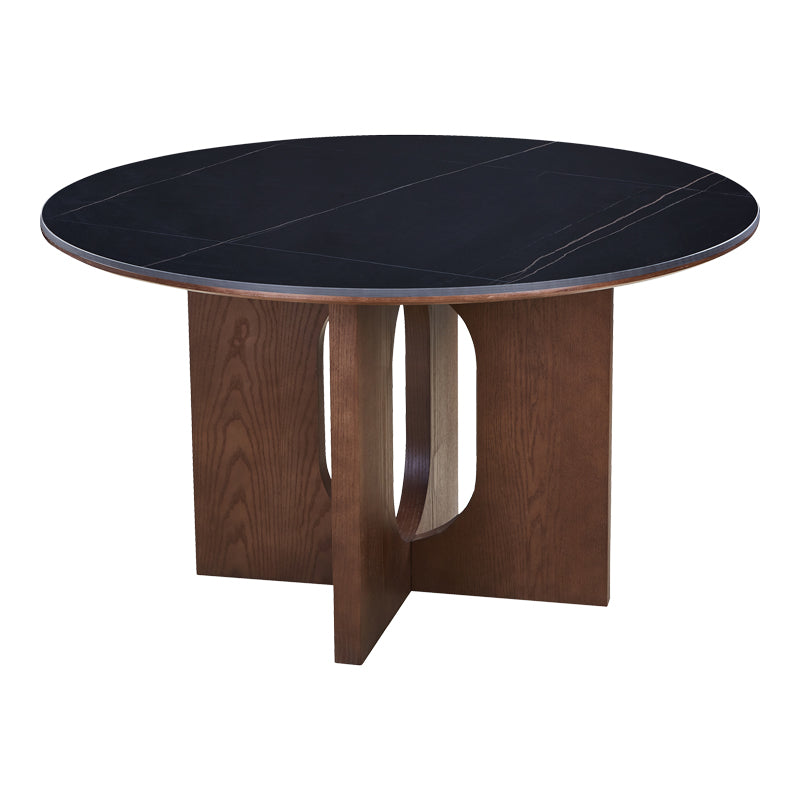 Τραπέζι Merge  sintered stone-mdf σε μαύρο μαρμάρου με καρυδί βάση Φ130x75εκ - Pakobazaar