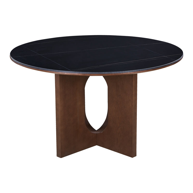 Τραπέζι Merge  sintered stone-mdf σε μαύρο μαρμάρου με καρυδί βάση Φ130x75εκ - Pakobazaar