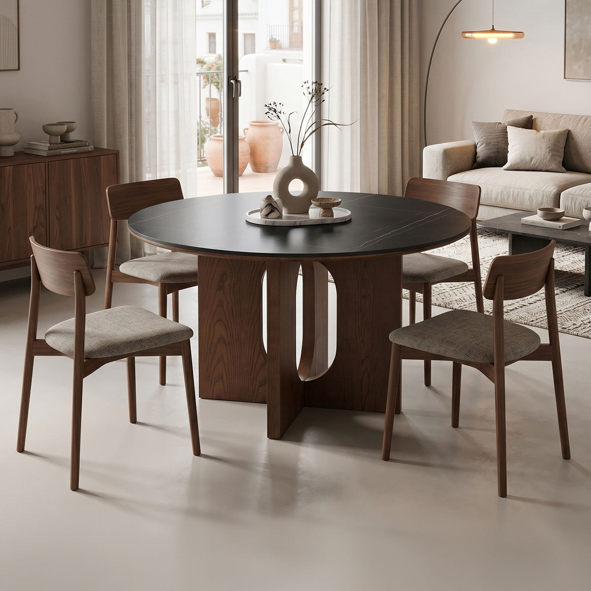 Τραπέζι Merge  sintered stone-mdf σε μαύρο μαρμάρου με καρυδί βάση Φ130x75εκ - Pakobazaar