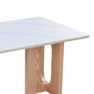 Τραπέζι Benqui  sintered stone-mdf σε λευκό μαρμάρου με βάση σε φυσική απόχρωση 160x90x75εκ - Pakobazaar