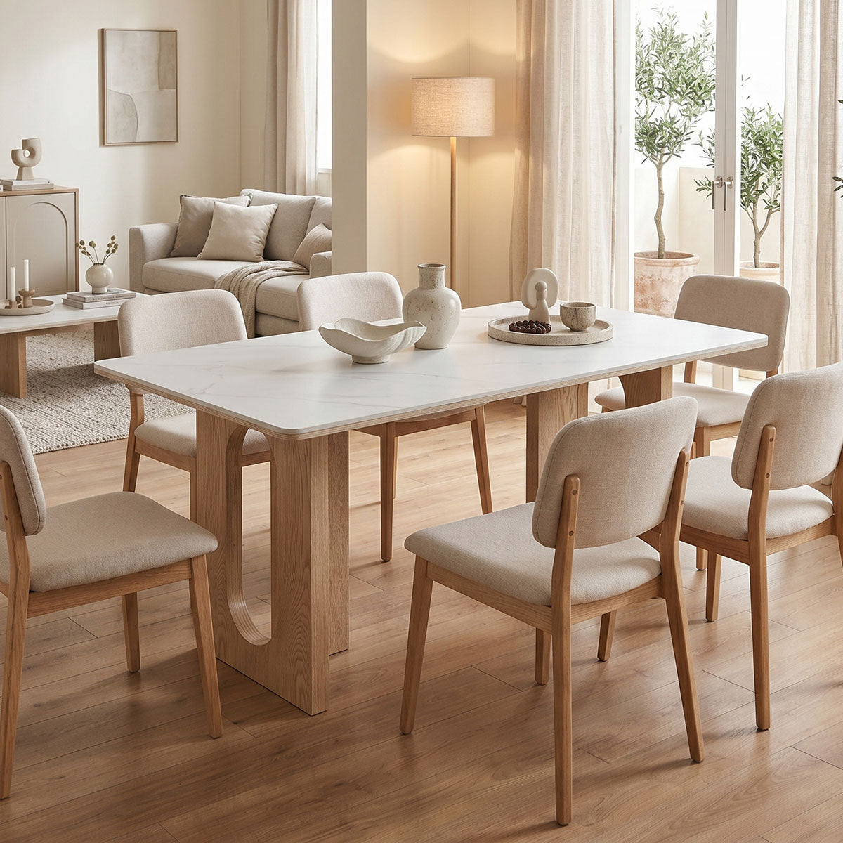 Τραπέζι Benqui  sintered stone-mdf σε λευκό μαρμάρου με βάση σε φυσική απόχρωση 160x90x75εκ - Pakobazaar