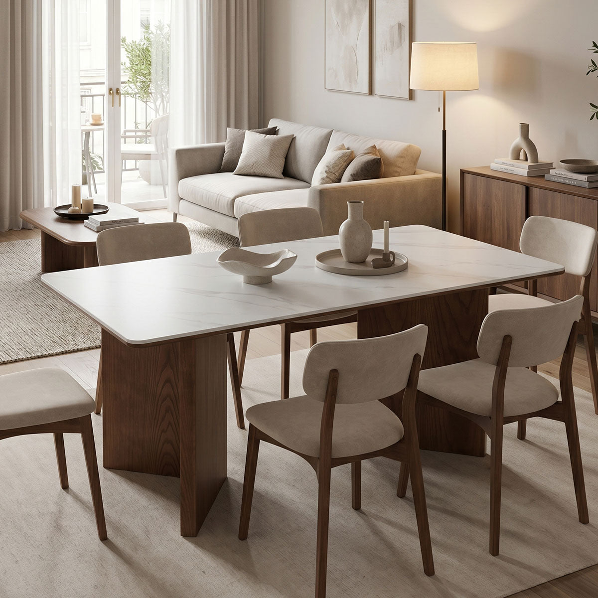 Τραπέζι Versy  sintered stone-mdf σε λευκό μαρμάρου με καρυδί βάση 160x90x75εκ - Pakobazaar