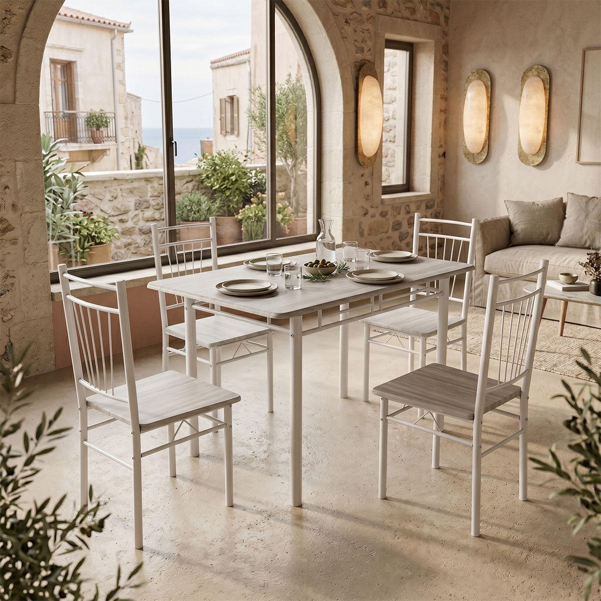 Τραπεζαρία Roza  σετ 5τμχ mdf sonoma με μεταλλικό λευκό πόδι 120x65x75εκ - Pakobazaar