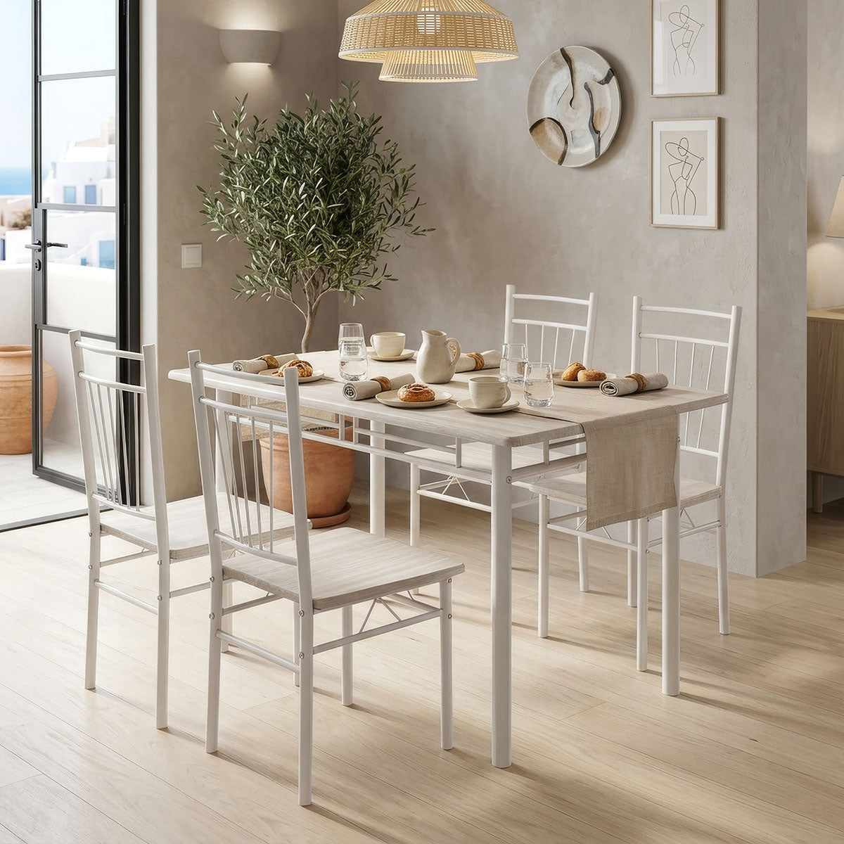 Τραπεζαρία Roza  σετ 5τμχ mdf sonoma με μεταλλικό λευκό πόδι 110x60x75εκ - Pakobazaar
