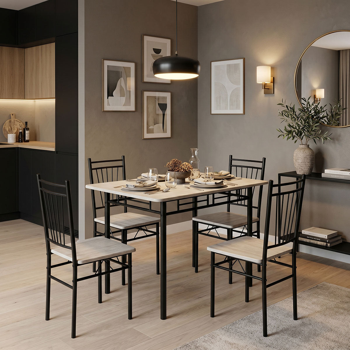 Τραπεζαρία Roza  σετ 5τμχ mdf sonoma με μεταλλικό μαύρο πόδι 110x60x75εκ - Pakobazaar