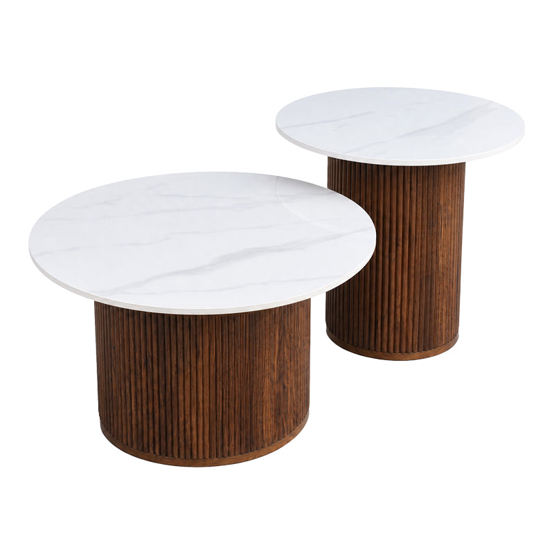 Τραπέζι σαλονιού Skerta  σετ 2τεμ λευκό sintered stone mdf με καρυδί βάση - Pakobazaar