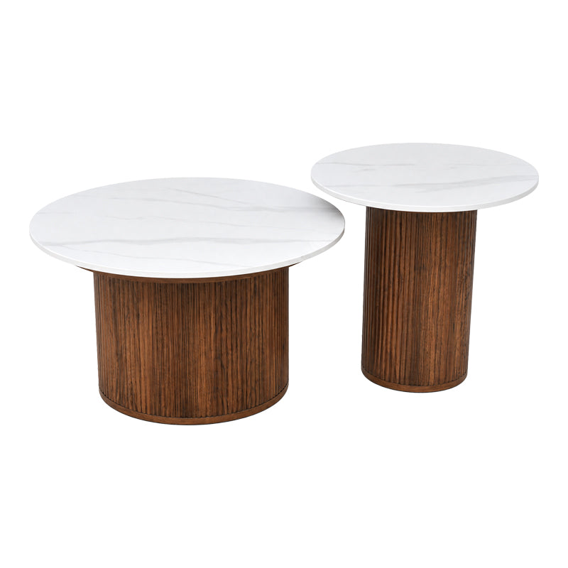 Τραπέζι σαλονιού Skerta  σετ 2τεμ λευκό sintered stone mdf με καρυδί βάση - Pakobazaar
