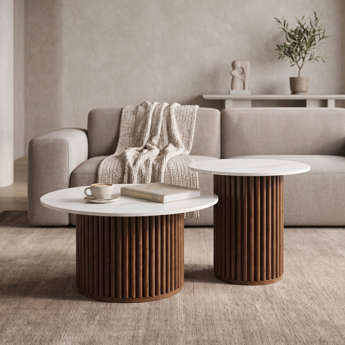 Τραπέζι σαλονιού Skerta  σετ 2τεμ λευκό sintered stone mdf με καρυδί βάση - Pakobazaar