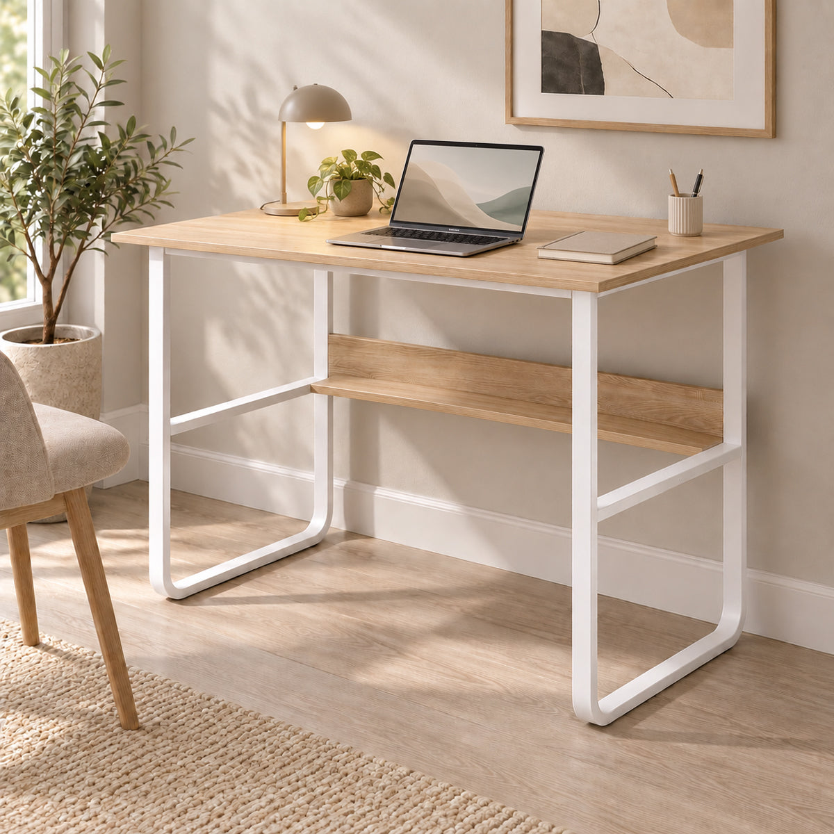 Γραφείο εργασίας Kela  mdf σε oak απόχρωση με λευκό μέταλλο 100x60x73εκ