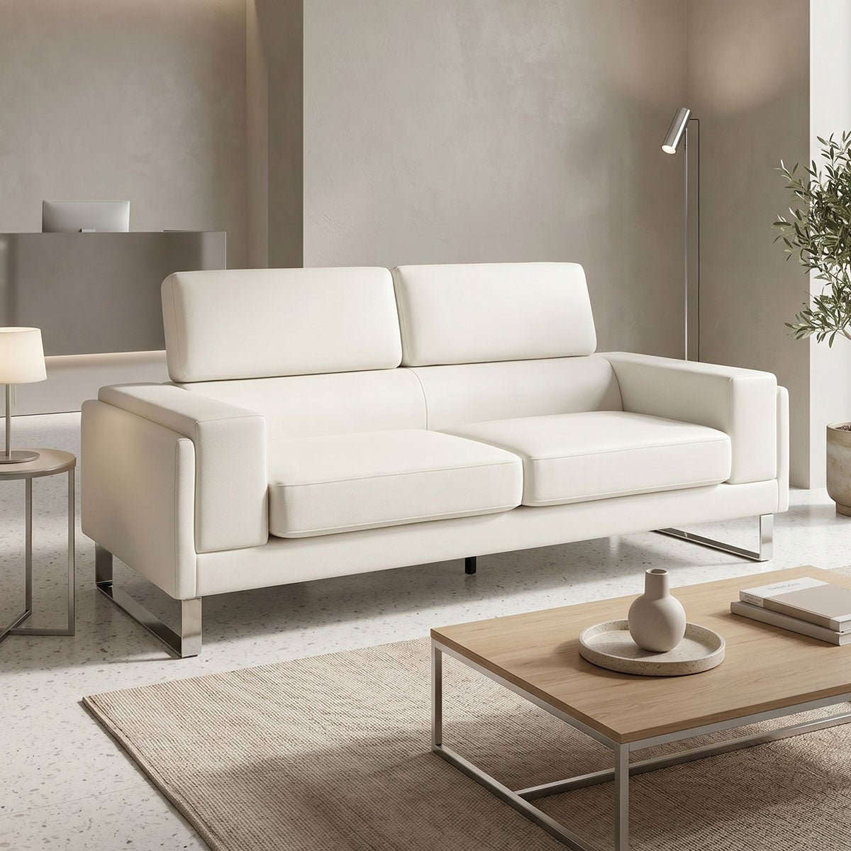 Καναπές Shea  3θέσιος PU ivory-inox 198x80x87εκ - Pakobazaar