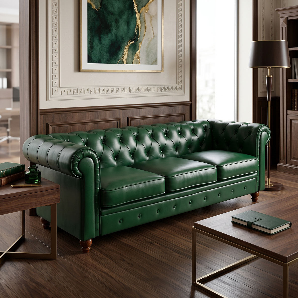 Kαναπές τριθέσιος τ. Chesterfield  pu κυπαρισσί 203x84x67εκ - Pakobazaar