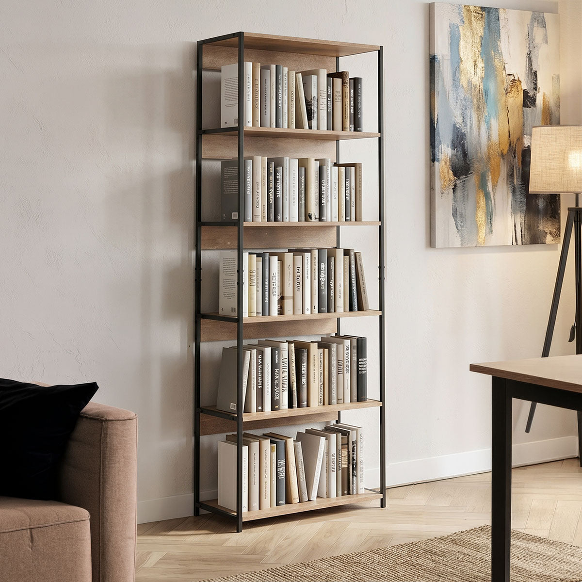 Βιβλιοθήκη Kaliano  oak-μαύρο μέταλλο 59.5x35x176.5εκ - Pakobazaar