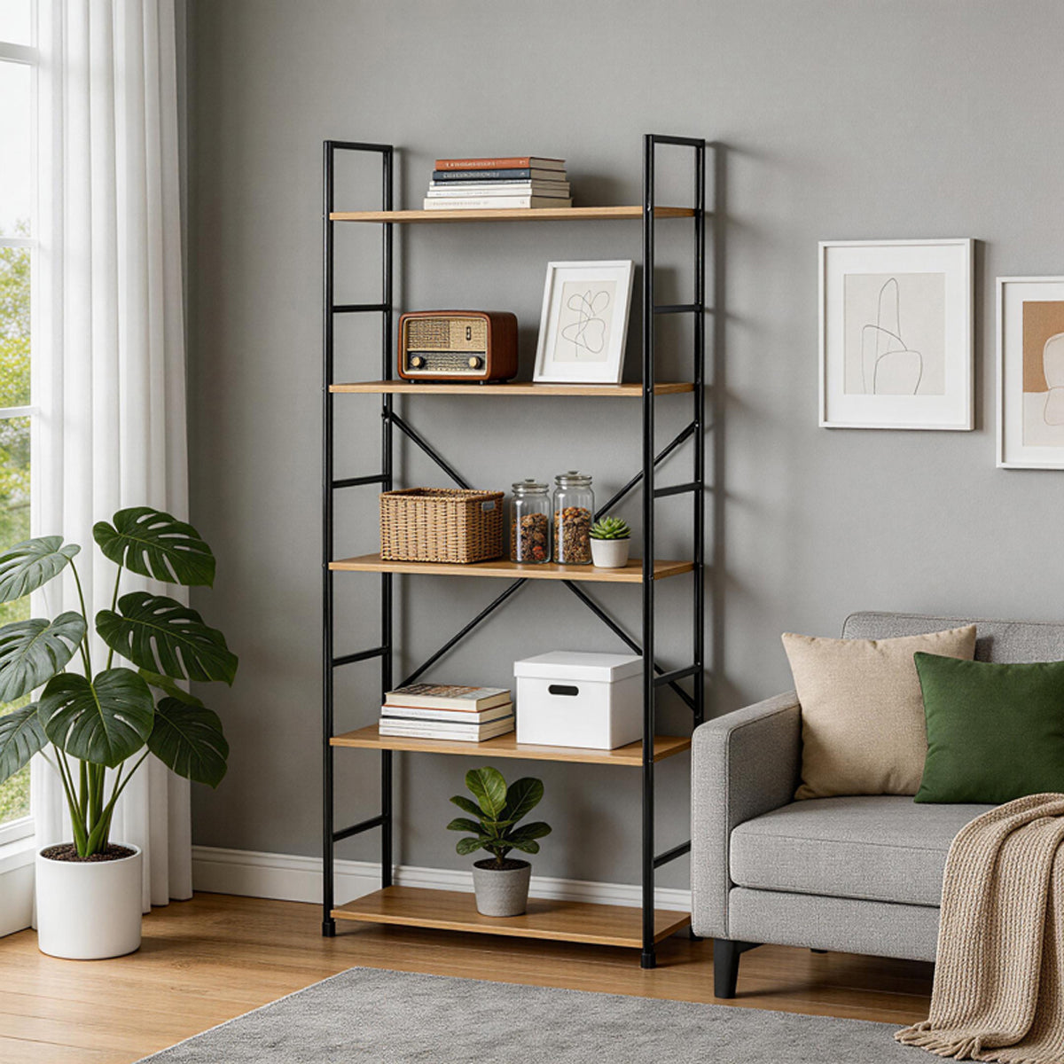 Βιβλιοθήκη Manlo  oak με μαύρο μέταλλο 58.6x23.5x144εκ