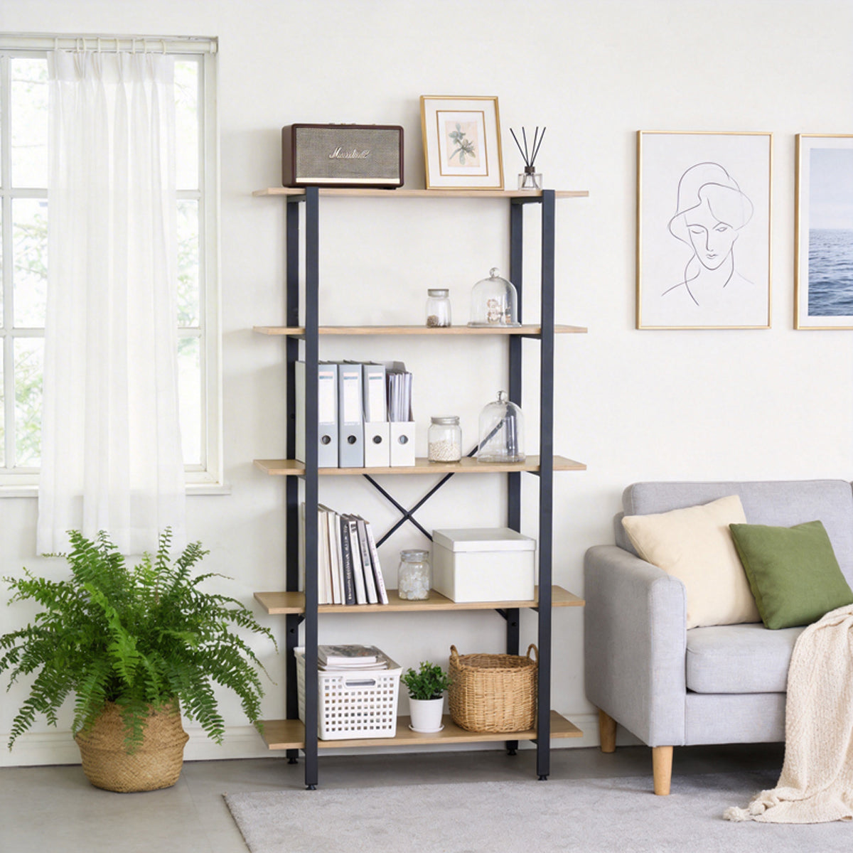 Βιβλιοθήκη Nebranzo  oak με μαύρο μέταλλο 80x34x155.3εκ - Pakobazaar
