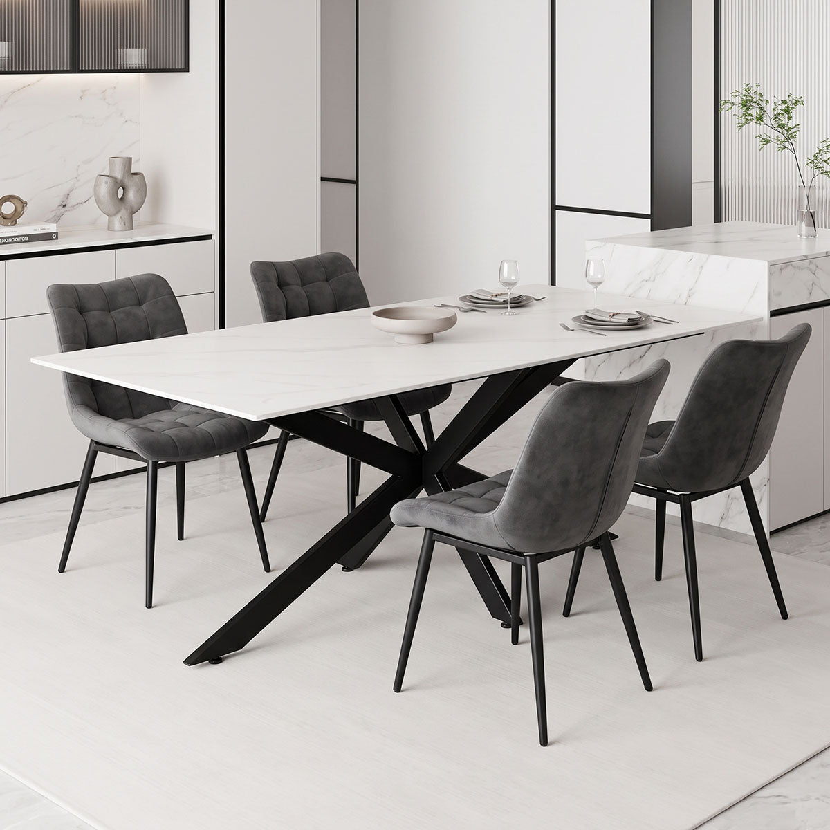 Τραπέζι Bethan  sintered stone λευκό-μαύρα μεταλλικά πόδια 180x90x75εκ - Pakobazaar