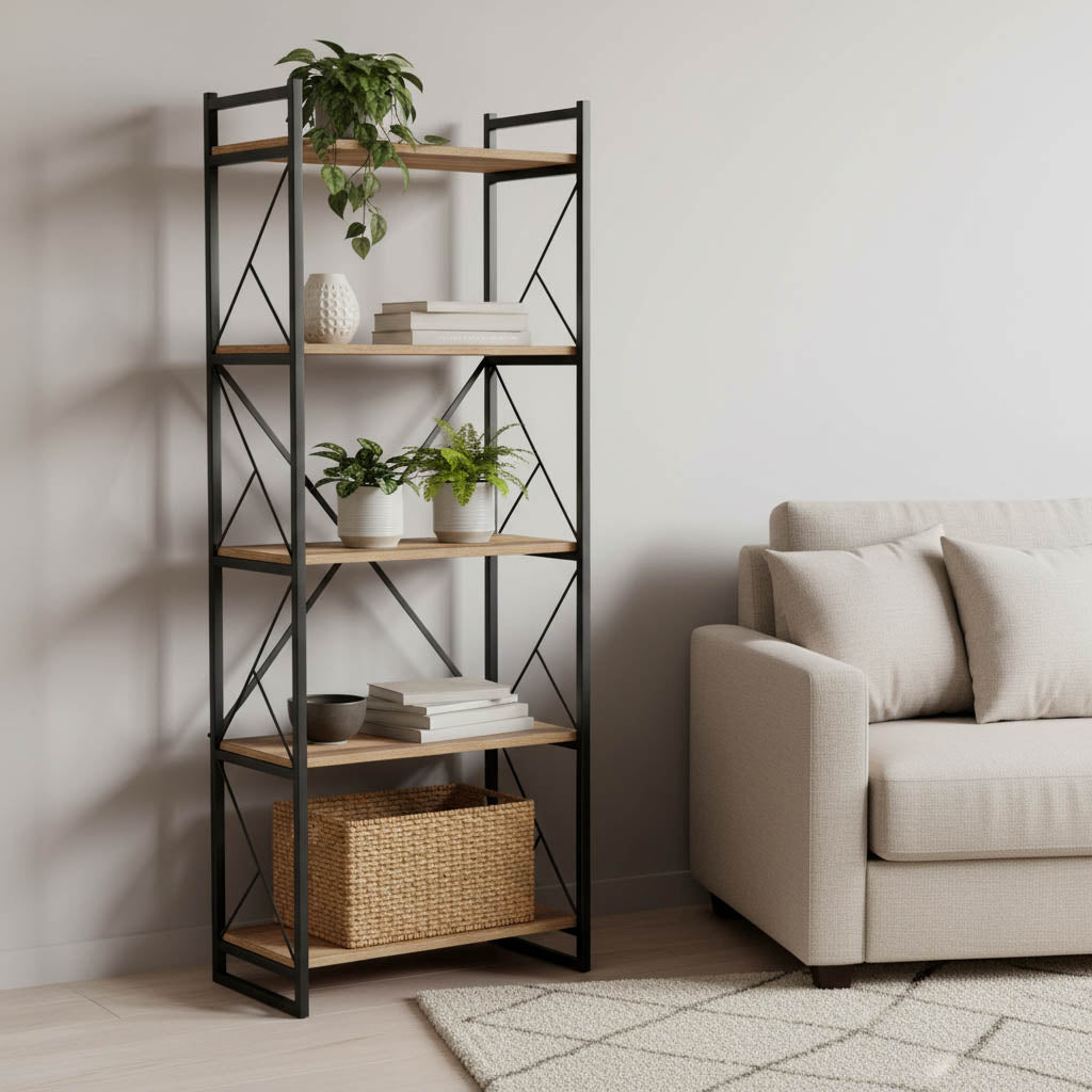 Βιβλιοθήκη Baker  καρυδί-μαύρο 66x34x180εκ - Pakobazaar