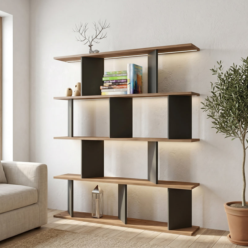 Βιβλιοθήκη Ratu  ανθρακί με oak 120x24,6x141εκ - Pakobazaar