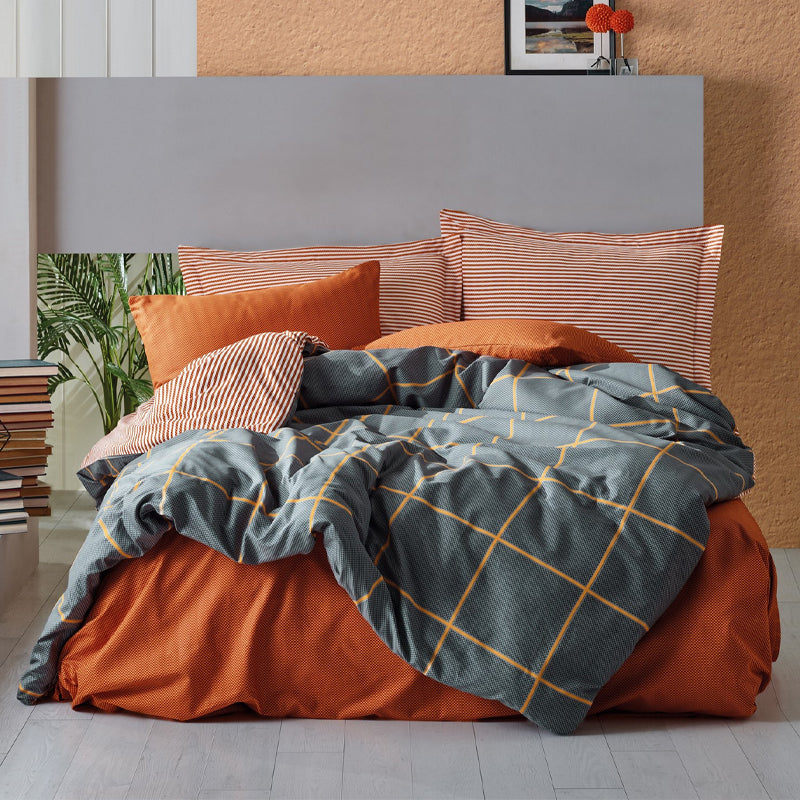 Σετ παπλωματοθήκη Stark Cotton Box 3 τμχ Μονή (160x220) χρώμα cinnamon - μπλε - Pakobazaar