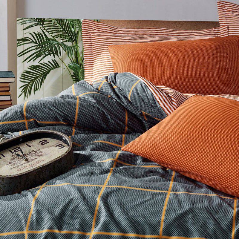 Σετ παπλωματοθήκη Stark Cotton Box 3 τμχ Μονή (160x220) χρώμα cinnamon - μπλε - Pakobazaar