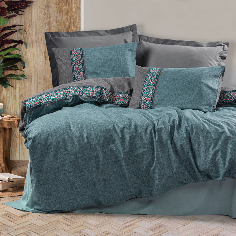 Σετ παπλωματοθήκη Ema Cotton Box 3 τμχ Μονή (160x220) χρώμα πετρόλ