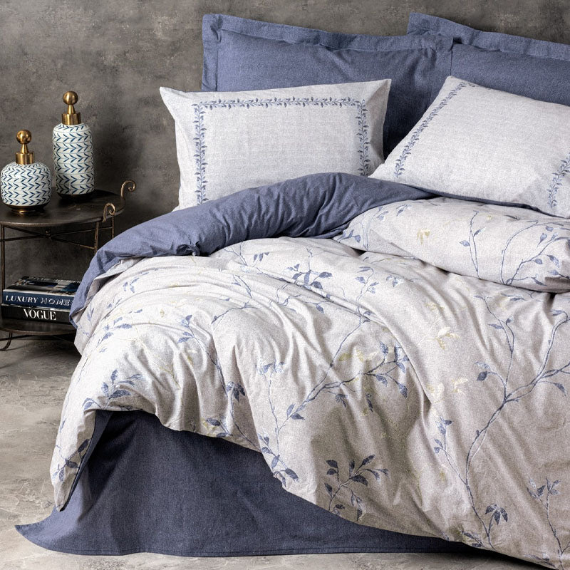 Σετ παπλωματοθήκη Nitsa Cotton Box 3 τμχ Μονή (160x220) χρώμα σκούρο μπλε - γκρι - Pakobazaar