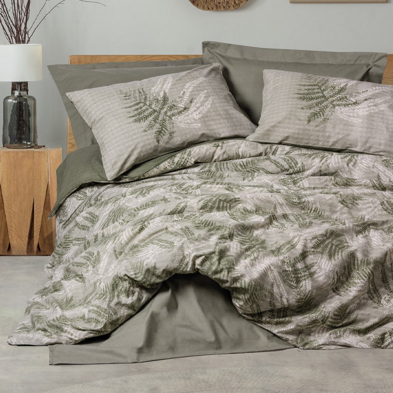 Σετ παπλωματοθήκη Frond Cotton Box 4 τμχ Διπλή (200x220) χρώμα χακί - Pakobazaar