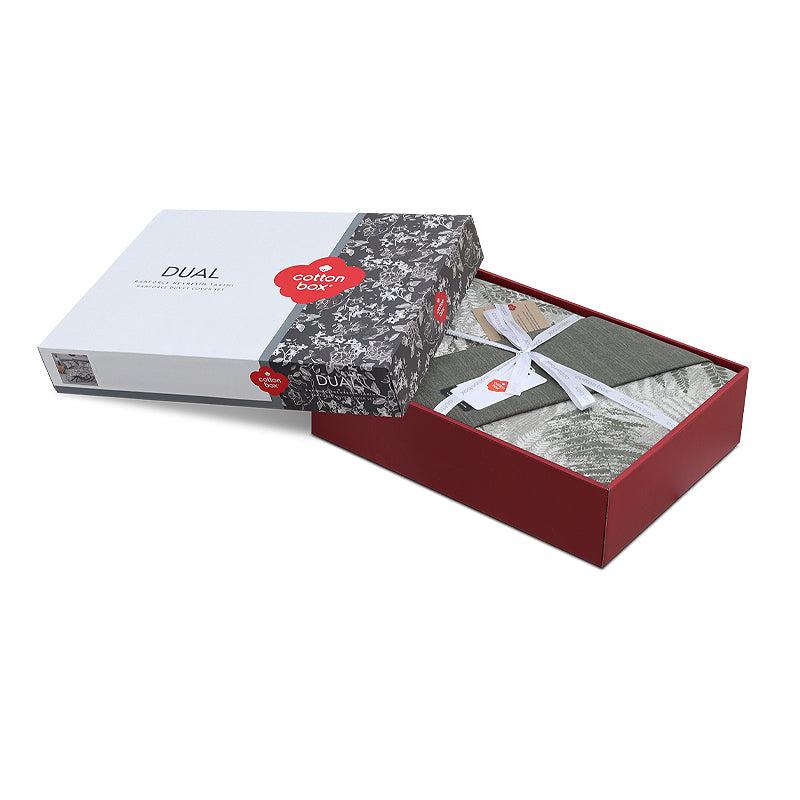 Σετ παπλωματοθήκη Frond Cotton Box 4 τμχ Διπλή (200x220) χρώμα χακί - Pakobazaar