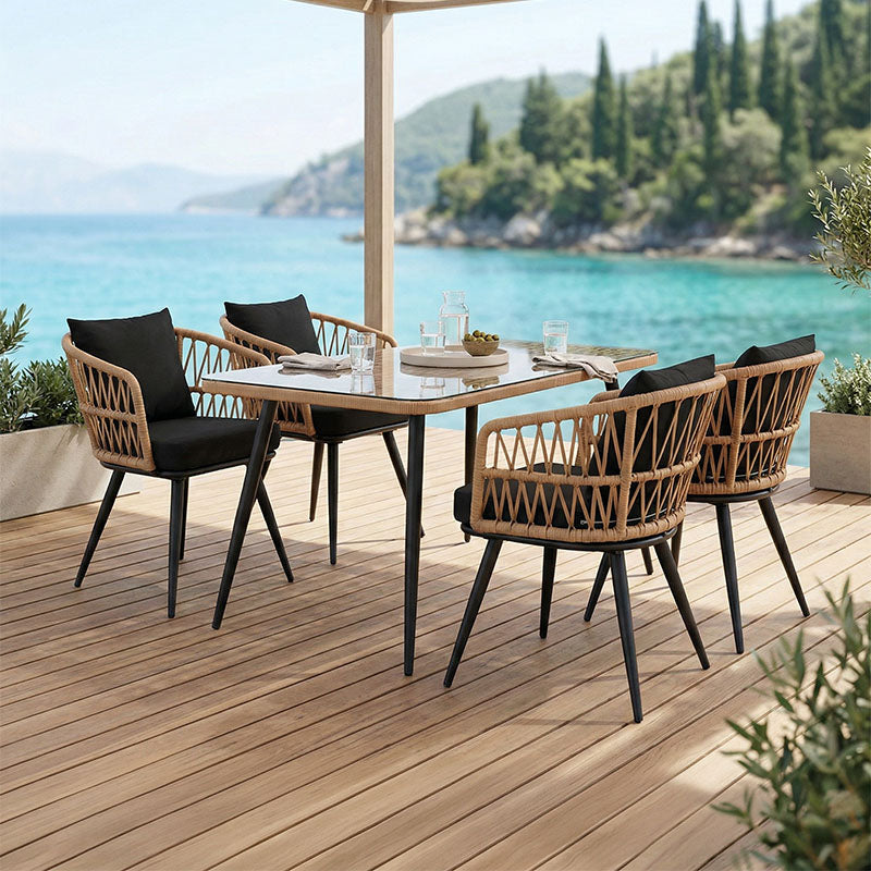 Τραπεζαρία Naoki σετ 5 τεμ  γυάλινο- pe rattan σε φυσική απόχρωση με μαυρα πόδια 140x80x78εκ - Pakobazaar