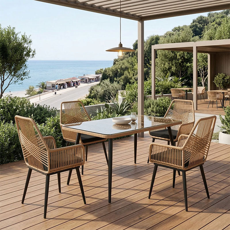 Τραπεζαρία Naoki-Tanish σετ 5 τεμ  γυάλινο- pe rattan σε φυσική απόχρωση με μαυρα πόδια 140x80x78εκ - Pakobazaar