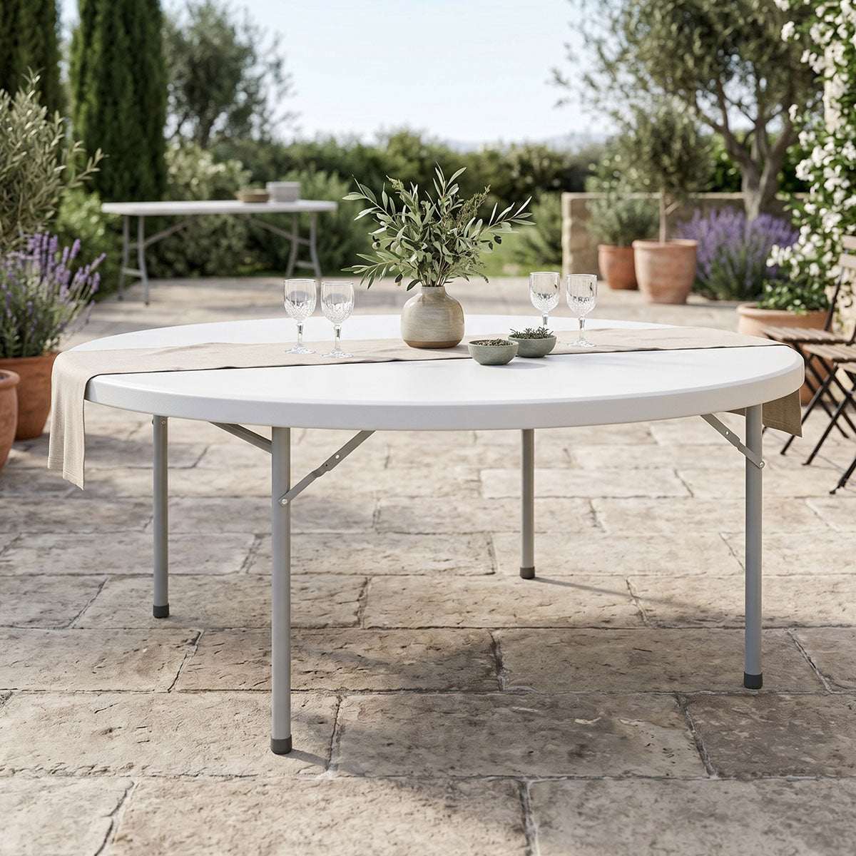 Τραπέζι βαλίτσα catering Comfort  πτυσσόμενο στρόγγυλο σε λευκή απόχρωση Φ180x74εκ - Pakobazaar