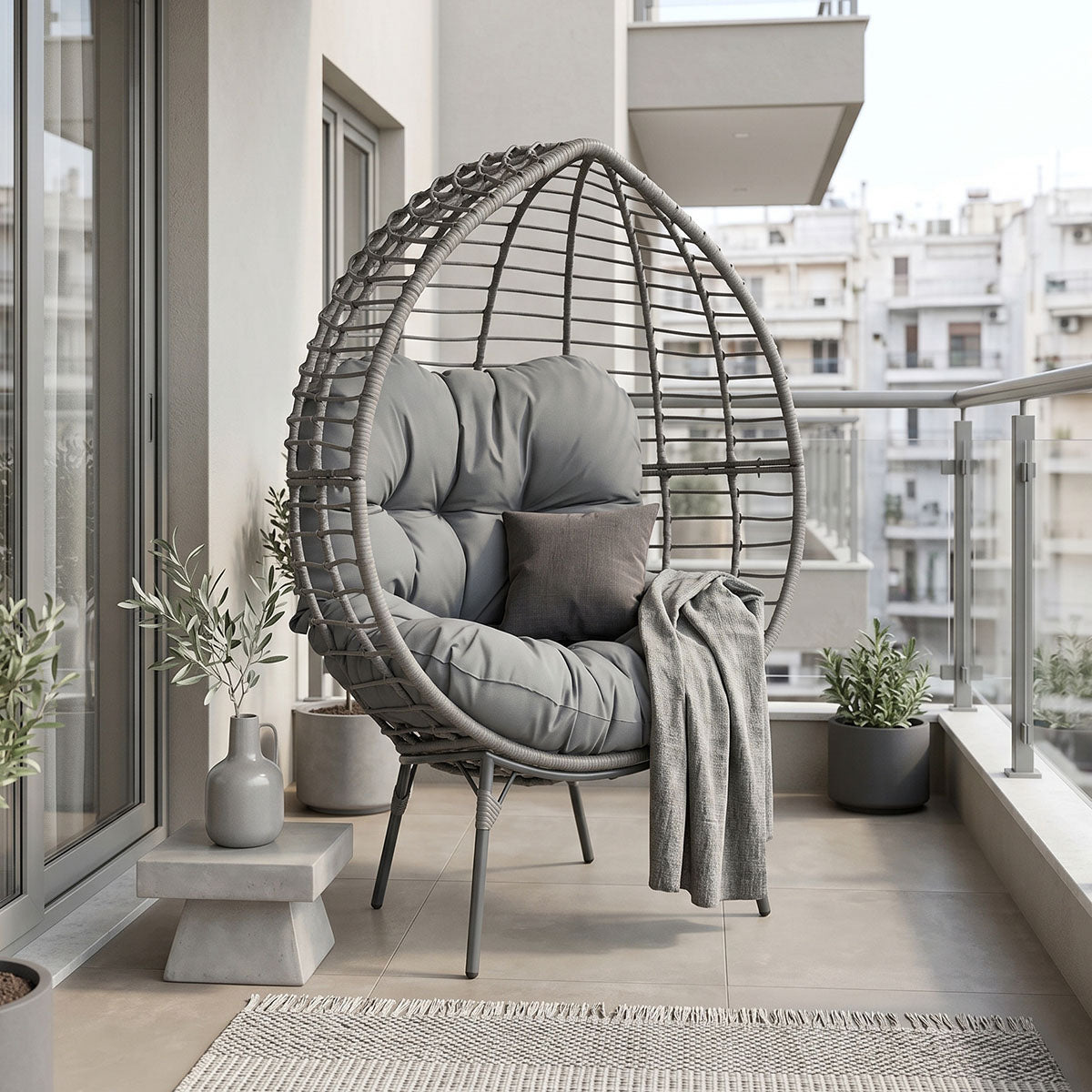 Πολυθρόνα Nestie  wicker rattan γκρι-μεταλλικό γκρι πόδι-γκρι μαξιλάρι 102x80x155εκ - Pakobazaar