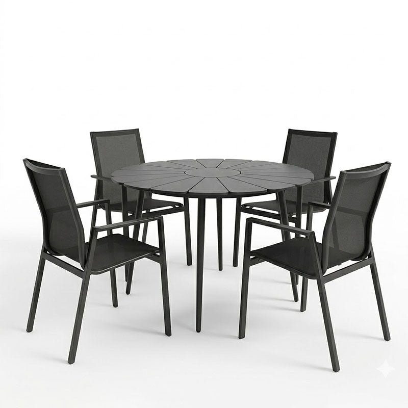 Τραπεζαρία Pinap-Dashiell σετ 5τεμ  μαύρο αλουμίνιο και plywood σε μαύρη απόχρωση Φ110x74εκ - Pakobazaar